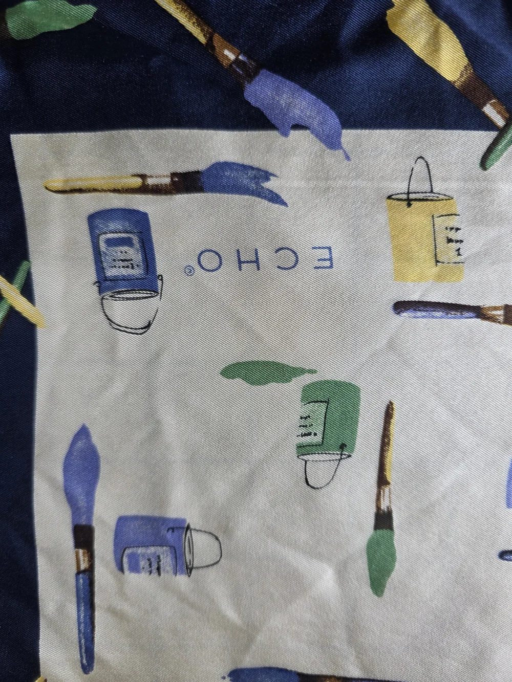 Echo Vintage Paintbrush & Paint Bottle Print Square Scarf 21x21. Rare Print